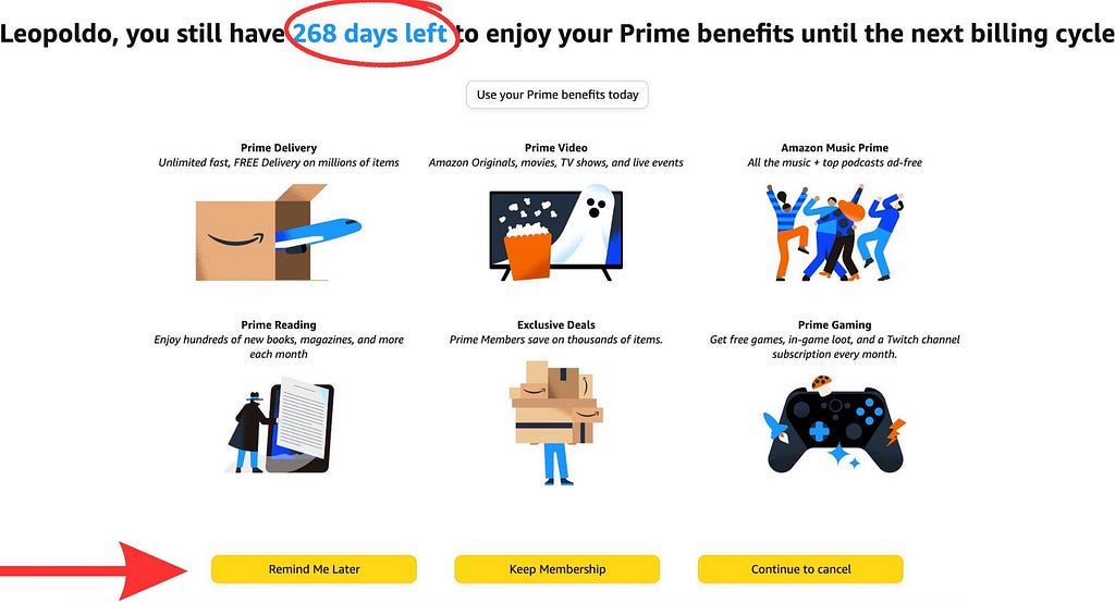 Amazon Prime cancellation screen showing Prime benefits instead of a cancellation form, submitted as evidence in FTC v. Amazon court complaint, Page 44.