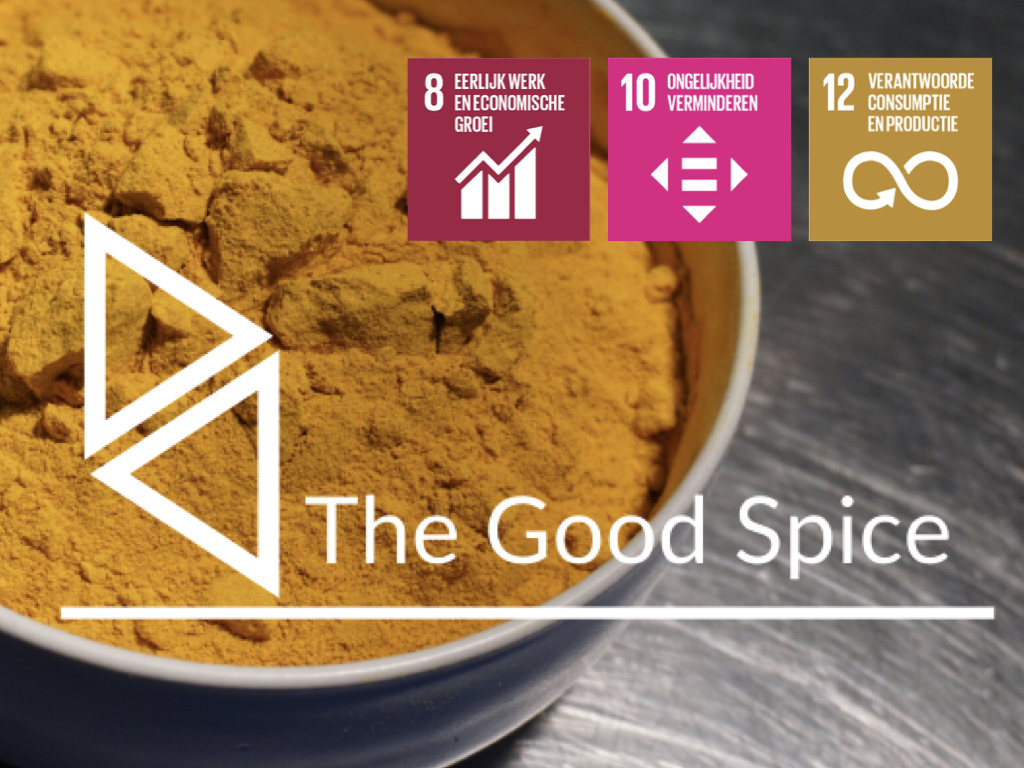 A bowl filled with a spice, logo of the good spice, logo’s of the related SDGs