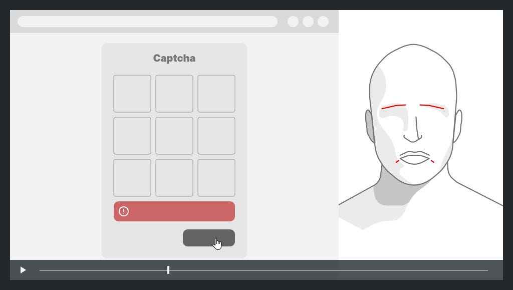 on the left a screen capture with an error on captcha, on the right the face of the user with expression of sadness