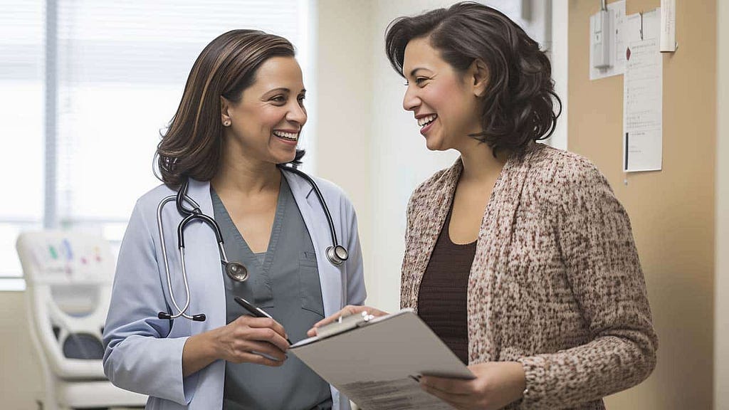 Hispanic female woman mid 50s is talking with a nurse who is holding a clipboard. They are in a medical exam room.