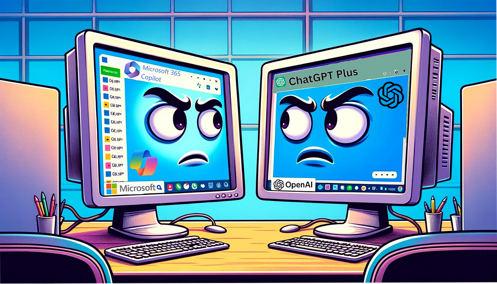 Two computer monitors on a desk, each displaying a facial expression of annoyance or frustration. The monitor on the left displays a start menu with the label “Microsoft 365 Copilot”, while the monitor on the right has a browser window open with tabs, one of which is labeled “ChatGPT Plus” and features the OpenAI logo. The setting suggests an office environment, and the background reveals a blue tiled wall, implying an indoor setting without any visible Windows.