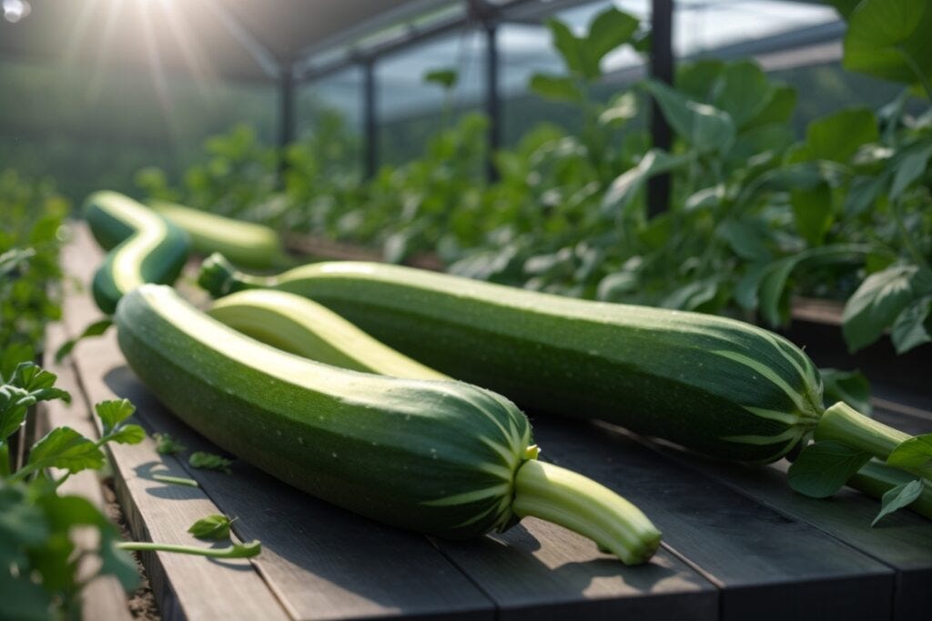 Three fresh hydroponic zucchinis lying on a wooden surface in a greenhouse with sunlight filtering through.