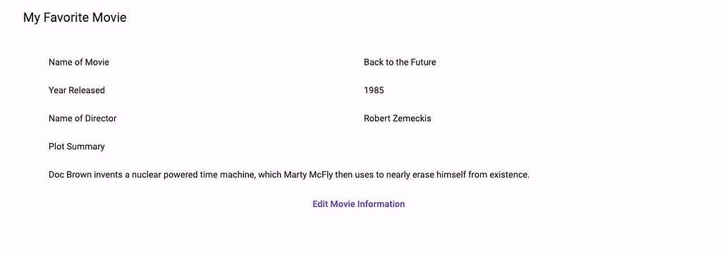 An image of the app showing information about the movie Back to the Future displayed.