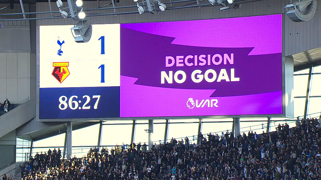 A VAR decision displayed on a screen during a Premier League match between Watford and Tottenham Hotspur. (Source: Sky Sports)