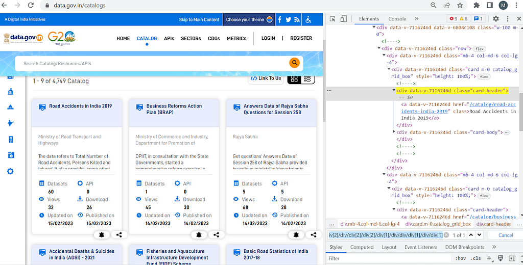 Finding XPath of a catalog-card on data.gov.in.