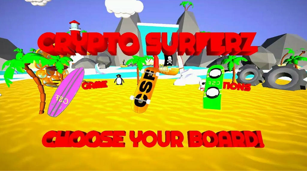 Crypto Surferz game screen featuring 3 dNFT skateboards.