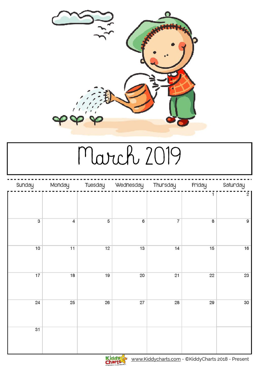 March printable 2019 calendar - girl watering her garden with a watering can. She can come and help me anyday! #printables #kidsprintables #2019calendar 