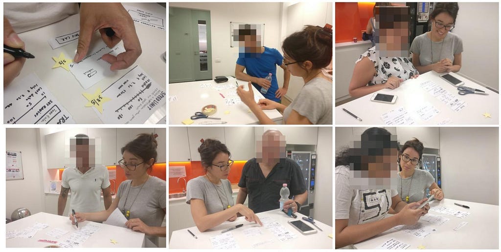 Six images representing a designer that shows paper-prototypes to different people, their faces are blurred.