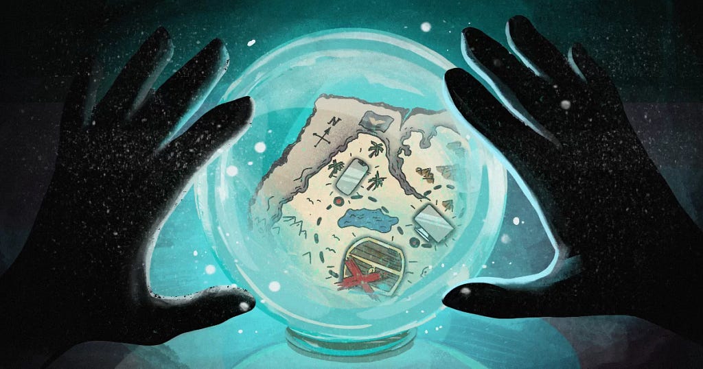 A crystal-gazer looking at a crystal ball that shows a map with a hidden treasure.