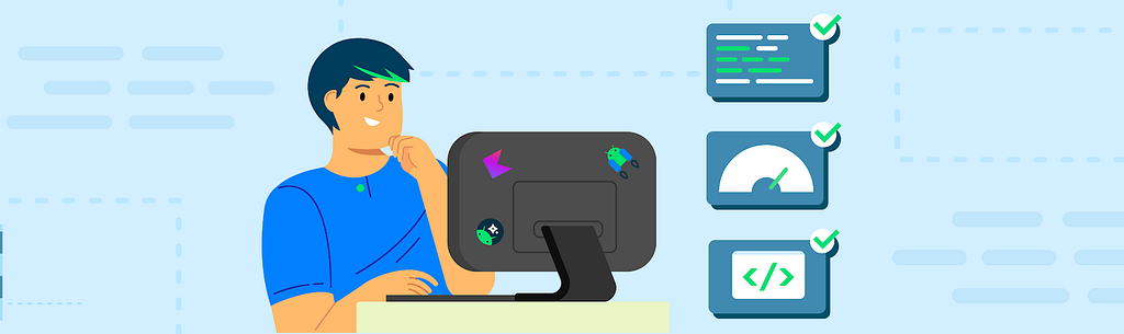 A developer sitting at a computer with a monitor in front of them with it’s back to us, with an Android, Kotlin, and Jetpack logos on it. On the side of the image, we see three icons representing a chat bot, compose performance, and Kotlin.