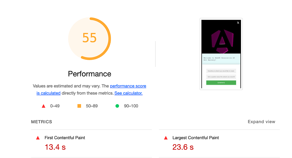 Performance score before Server Side Rendering: 55