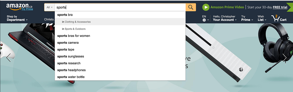 A screenshot of Amazon’s search bar showing different search category options