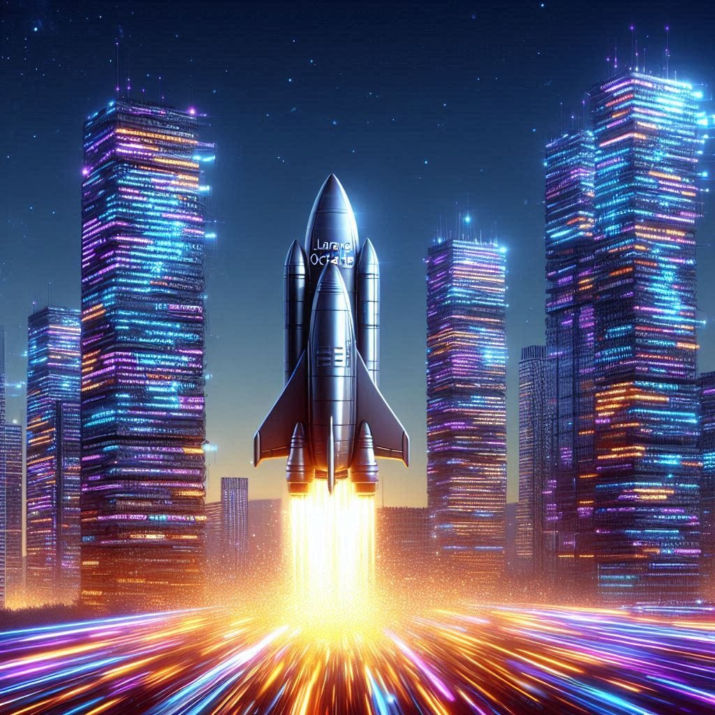 A futuristic cityscape with towering skyscrapers made of glowing lines of code. In the foreground, a sleek, silver rocket ship labeled “Laravel Octane” blasts off, leaving a trail of blazing code and data. The background sky is a gradient of vibrant blue and purple.