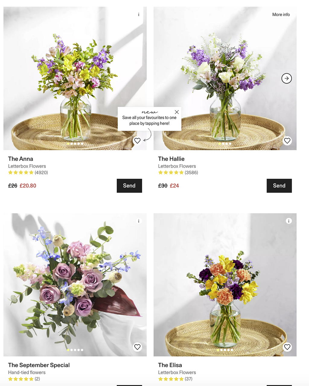 A grid of flower images, showing the way products are listed on the Bloom & Wild website.