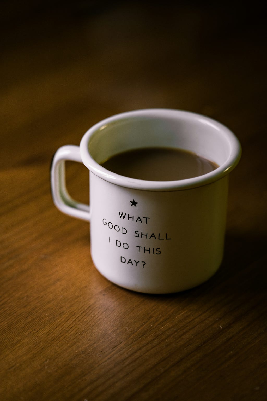White coffee mug with the words, “What good shall I do this day?”