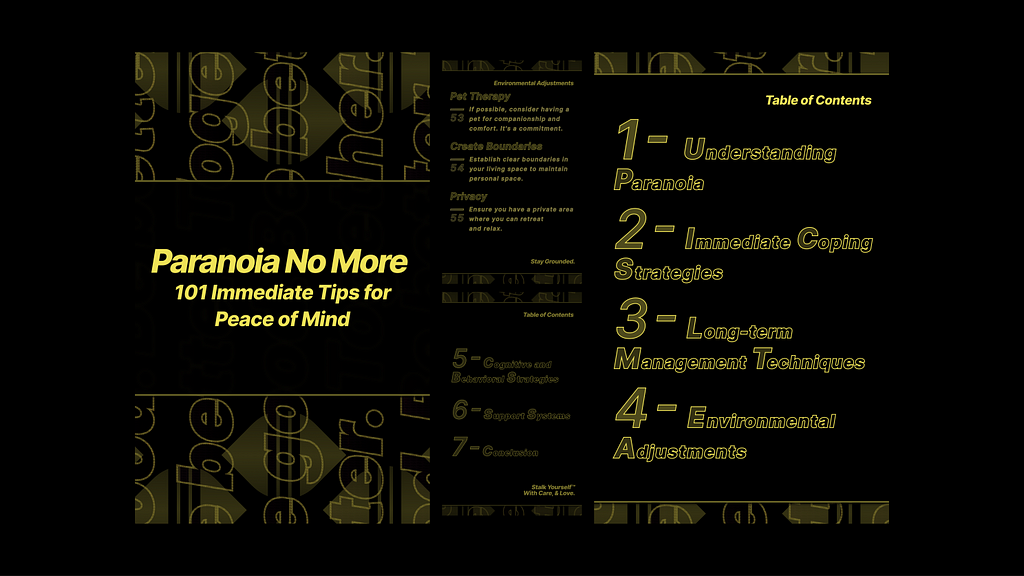 Infographic titled ‘Paranoia No More: 101 Immediate Tips for Peace of Mind’ showing cognitive and behavioral strategies like visualization, acceptance, and behavioral experiments. It also mentions pet therapy, creating boundaries, and ensuring privacy for environmental adjustments.