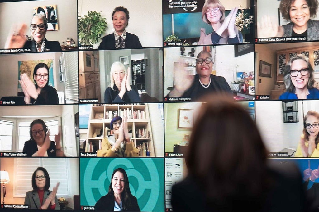 Vice President Kamala Harris participates in a virtual roundtable with women’s leadership groups on the American Rescue Plan on Feb. 18, 2021.