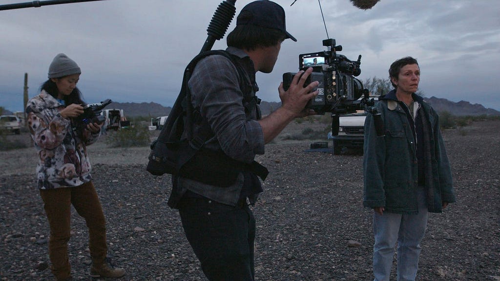 Chloé Zhao (left) on the set of “Nomadland.”