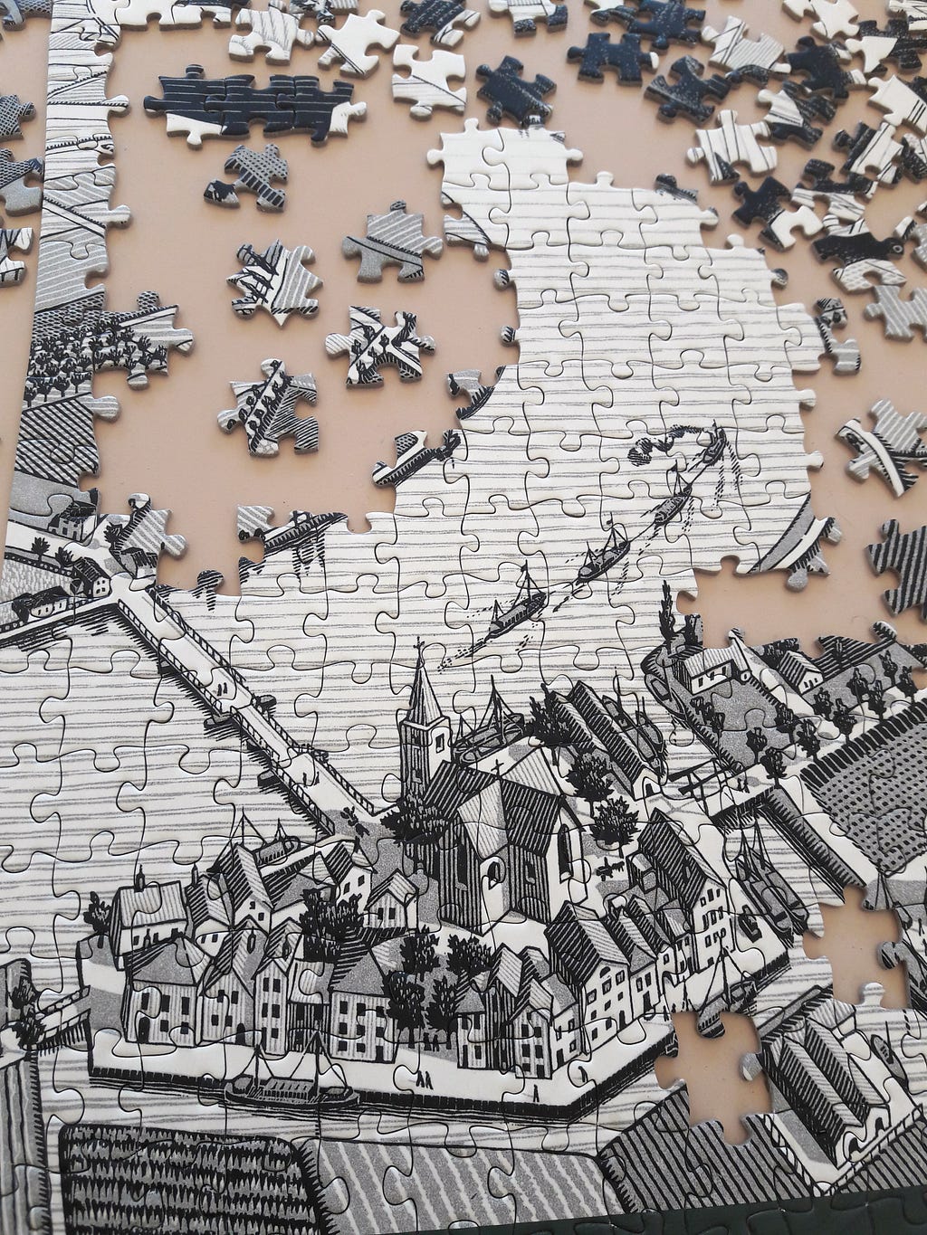 Partially complete puzzle of old buildings