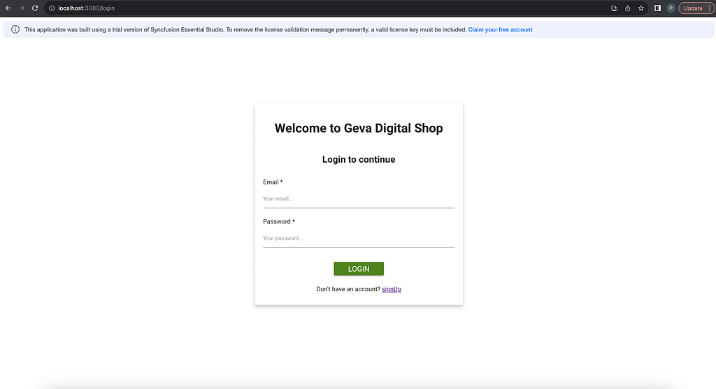 Login page in React e-commerce app