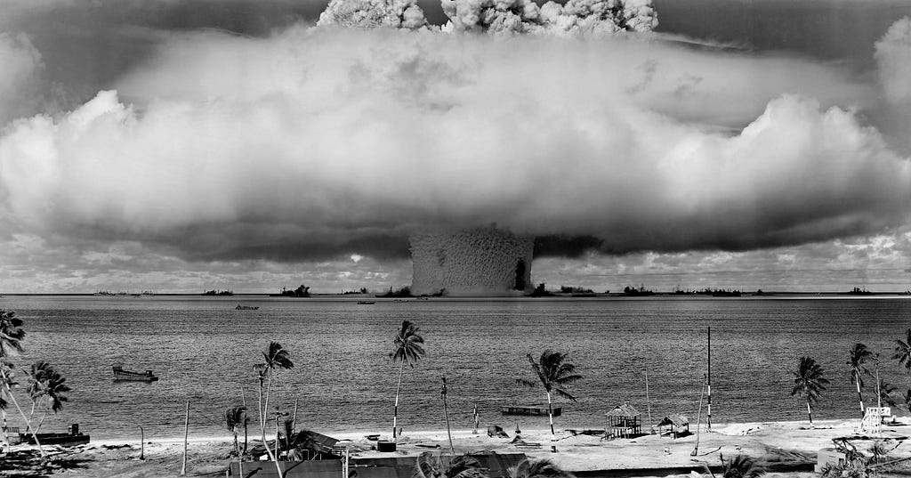Black and white image of atomic bomb going off