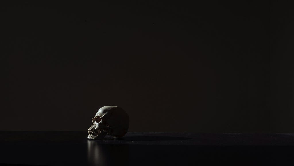 a skull with light hitting it, representing darkness in life