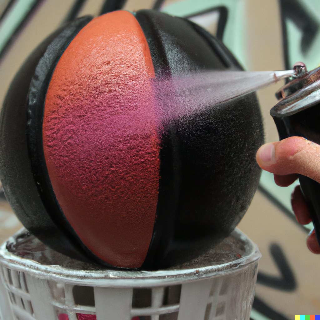 A basketball being spray painted from 10 inches away