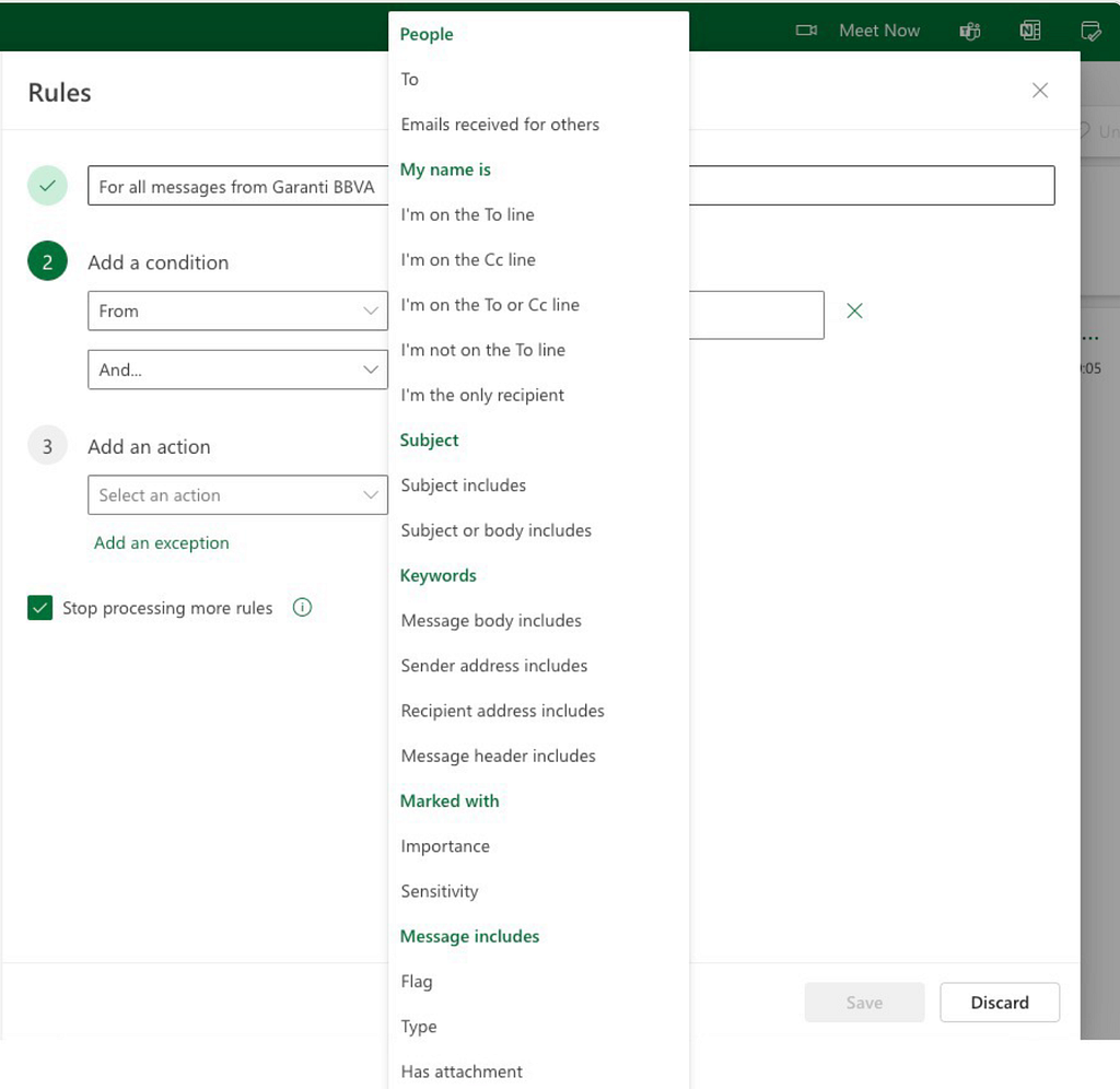 Figure 3. Hotmail’s filtering rules include categories for “People,” “My name is,” “Subject,” “Keywords,” “Marked with,” and “Message includes.”