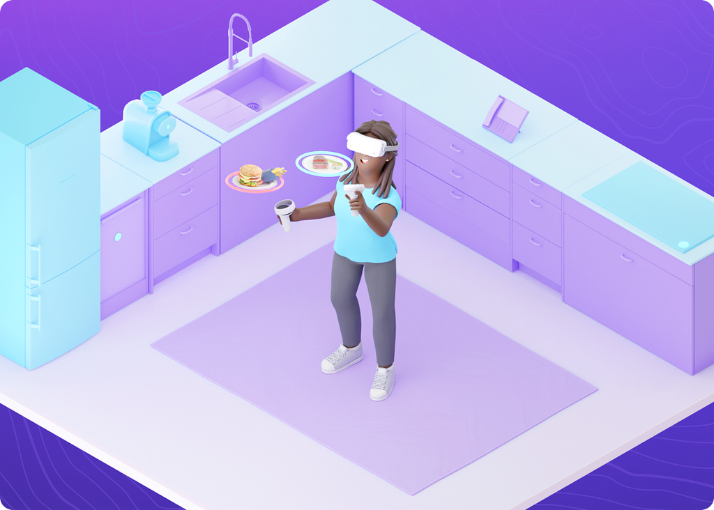 image of a 3D StellarX avatar in a virtual reality kitchen