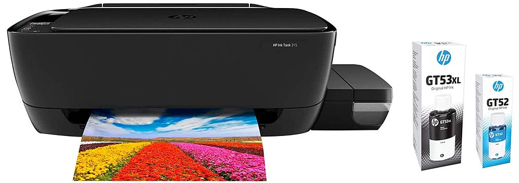 HP Ink Tank 315 Color Printer, Scanner, & Copier with High Capacity Tank for Home, B&W Prints at 10 Paise/Page*, Color Prints at 20 Paise/Page* & GT 53 XL Cartridge Ink & GT52 Ink Bottle