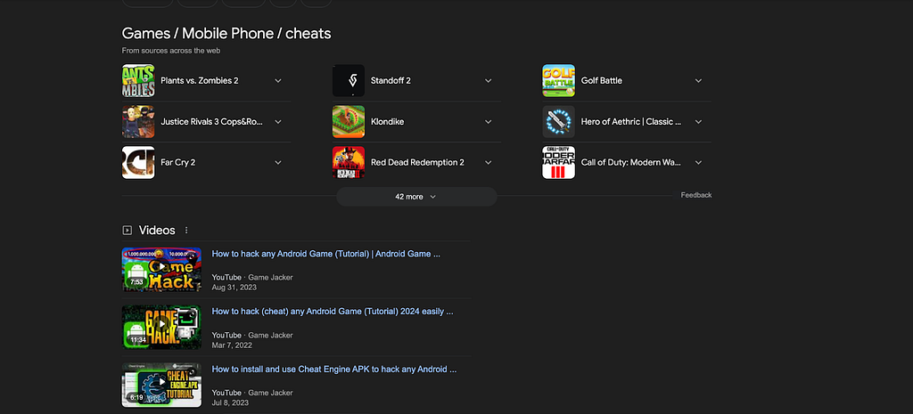 An image that shows the second half of the first page of google when a person searches for cheats for mobile games.