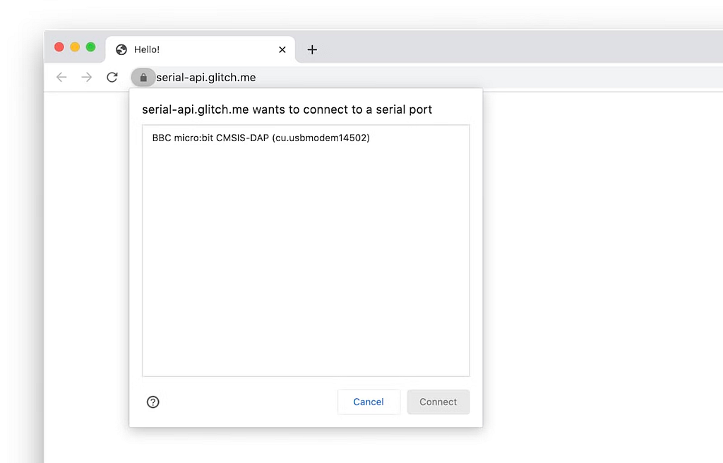 The dialog displayed in Google Chrome, with a list of serial ports to choose from, so that the browser can connect to the selected serial port.