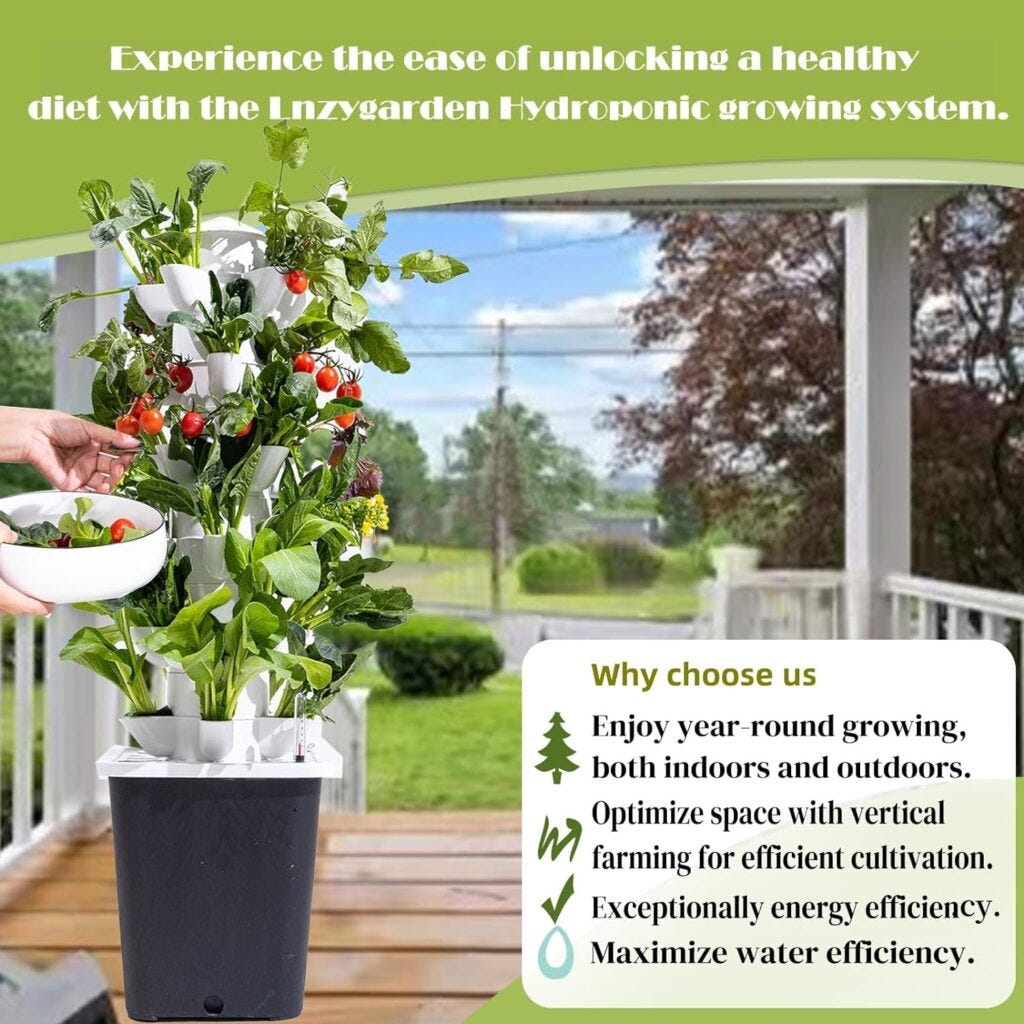 Promotional image of LnzyGarden's indoor/outdoor vertical hydroponic garden system for efficient and space-saving plant cultivation.