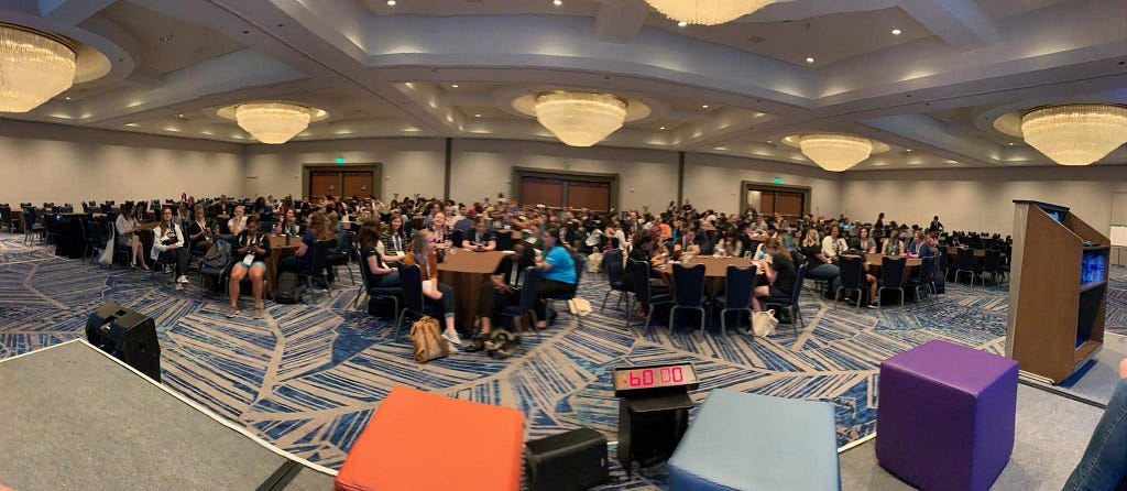 Ballroom with 400 attendees participating in the Panel for Mental Health at Grace Hopper Celebration.