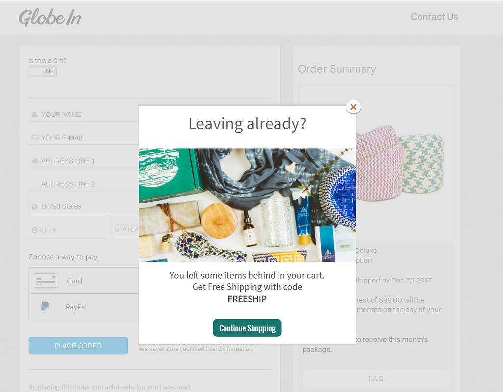 cart abandonment popup example
