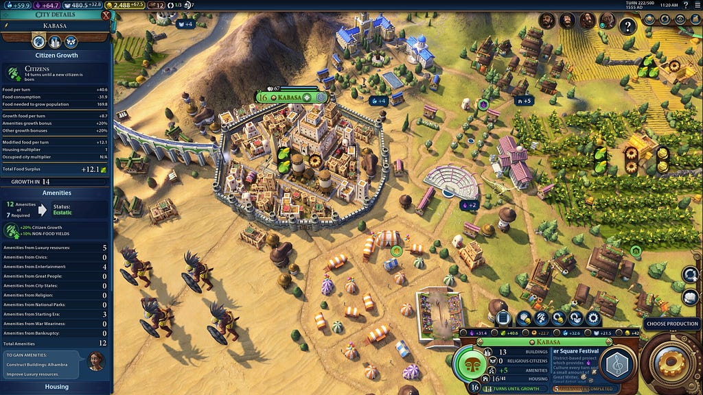 Screenshot of Civilization VI showing the close up view of a city along with game UI.