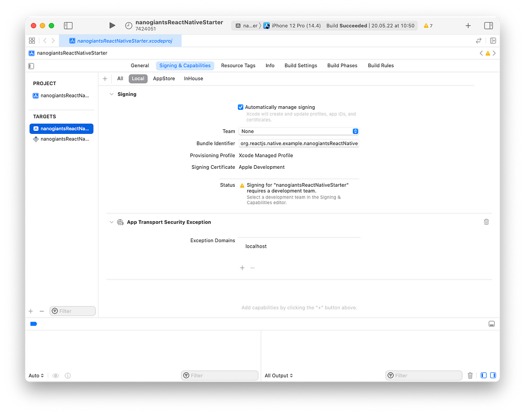 A screenshot of Xcode that shows Signing and Capabilities for Local environment