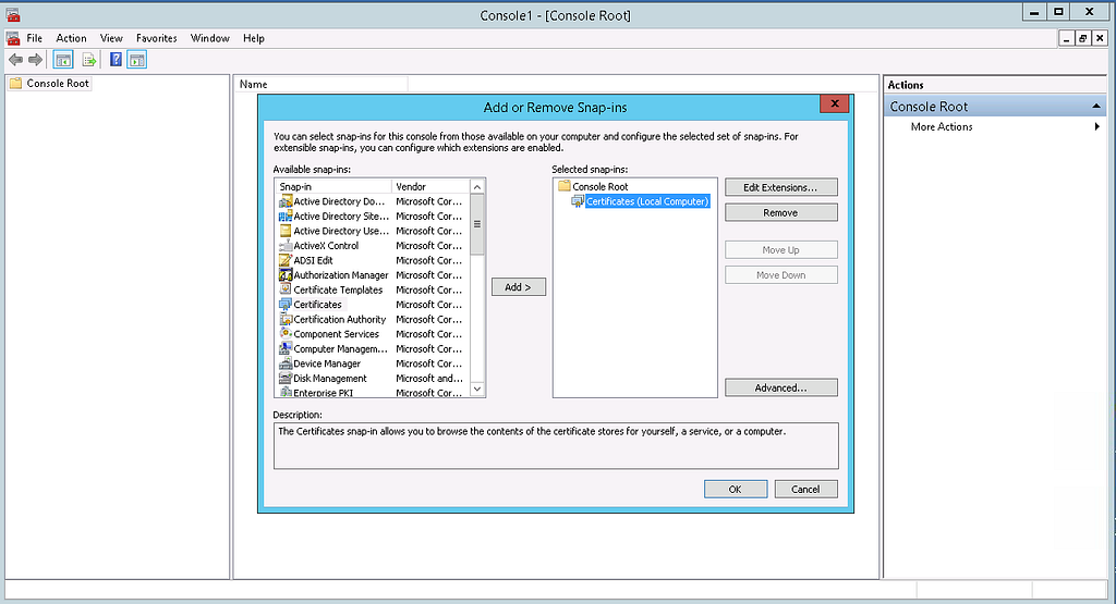 An image of the final step of the certificates console in MMC
