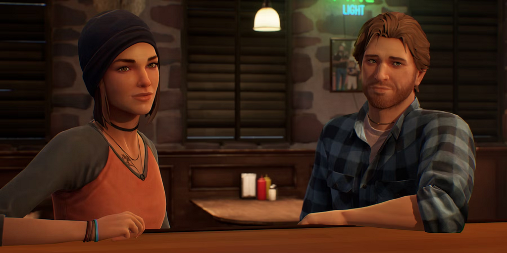 Two young people sit at a bar and lean against it as they look towards someone on the other side of the bar. One is a woman named Steph. She wears a V-neck baseball tee, a beanie over her bob-length hair, several bracelets, and layered necklaces of varying lengths. The other person is a man named Ryan. He wears a white tee under a plaid flannel with the top few buttons undone. He has a beaded necklace, a short beard, and lightly styled hair.
