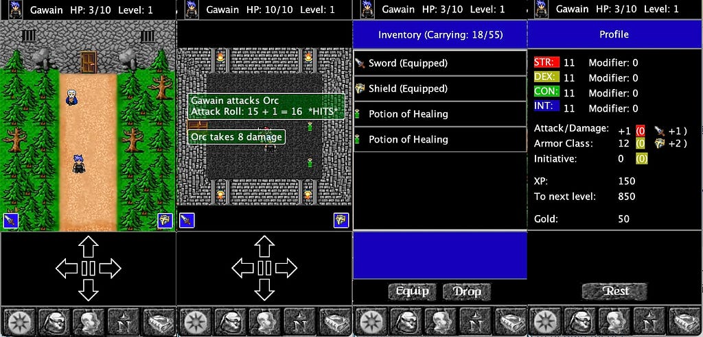 Four horizontal panels. Screenshots from a sprite based RPG game showing the game screen in the first two. Inventory and character profile pages in the last two.