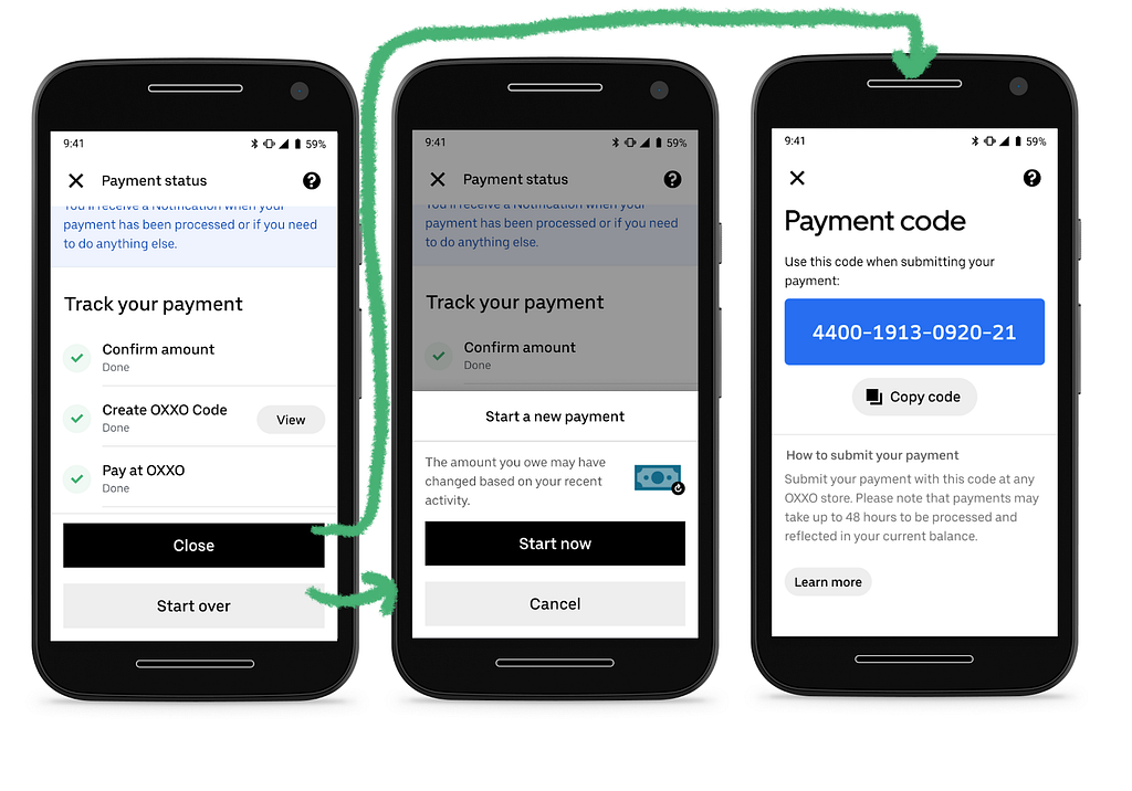 Three screens that show the couch payment flow