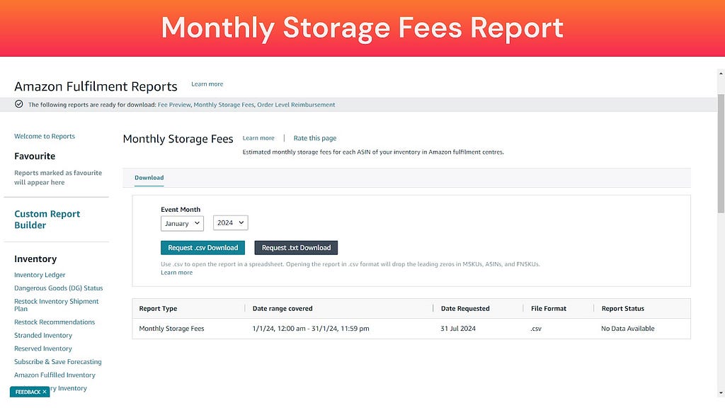 Screenshot of Amazon FBA Monthly Storage Report