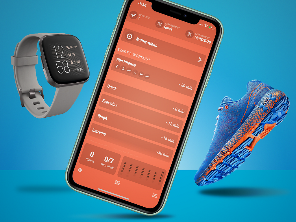 fitness app on phone, wearable, and sneaker