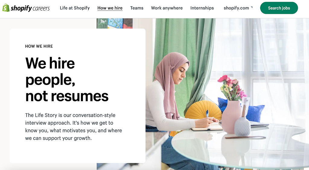 Screenshot from the Shopify careers website, with the slogan “We hire people, not resumes”
