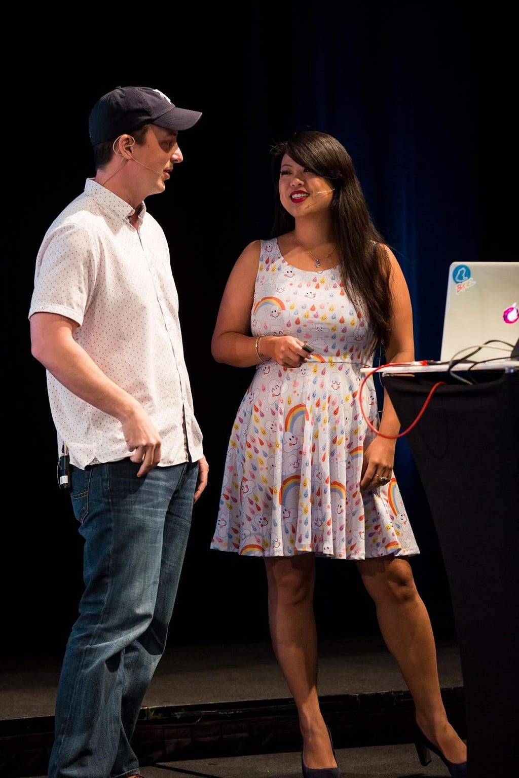 Tracy Lee and Ben Lesh talking on a stage