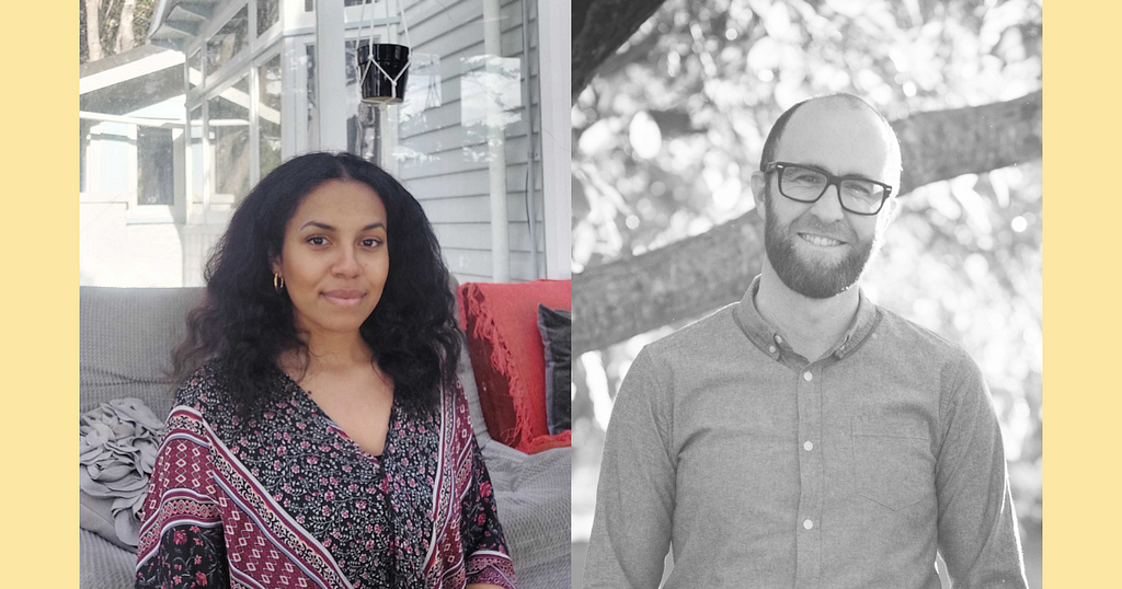 Image description: 2 photos next to each other. On the left is Vera, a young woman with shoulder length hair, wearing a purple and black patterned shirt. She is smiling at the camera. On the right is Joe against a background of trees. He has a beard and glasses. He is smiling at the camera.