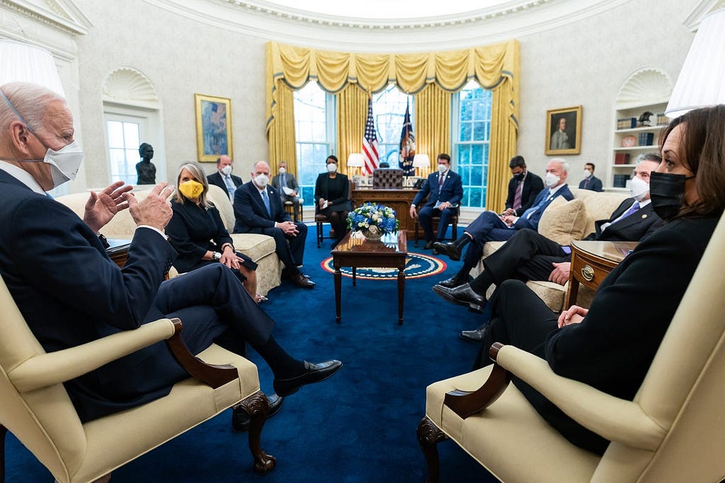 President Joe Biden and Vice President Kamala Harris meet with Governors and Mayors in the Oval Office on Feb. 12, 2021, to discuss the American Rescue Plan.