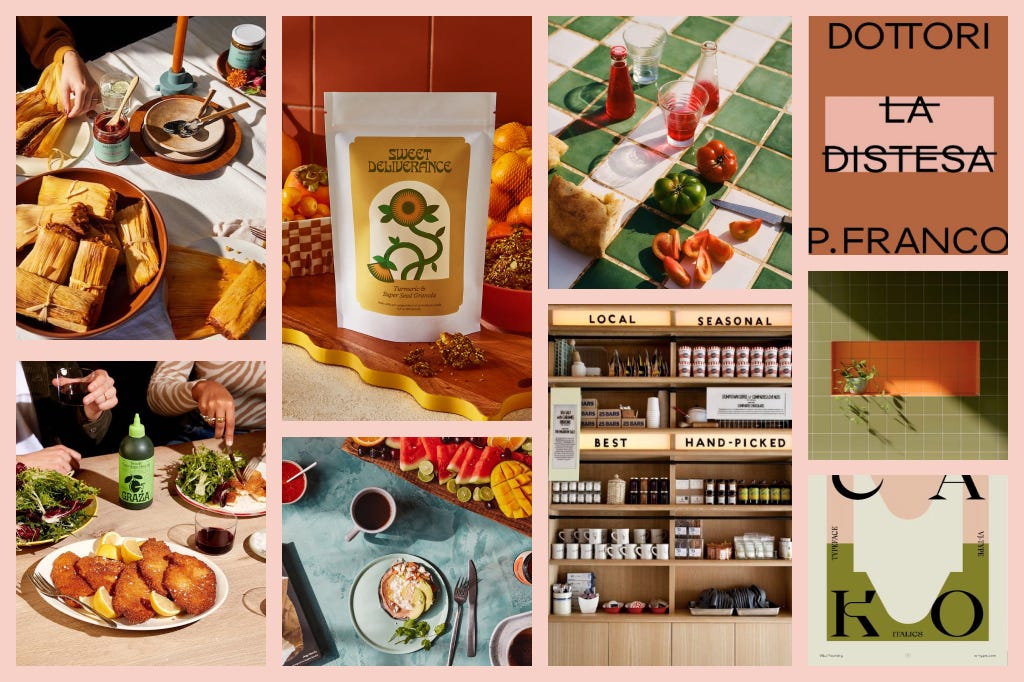 Collage of exploratory Food & Drink photography, text, iconography in bright, expressive colors.