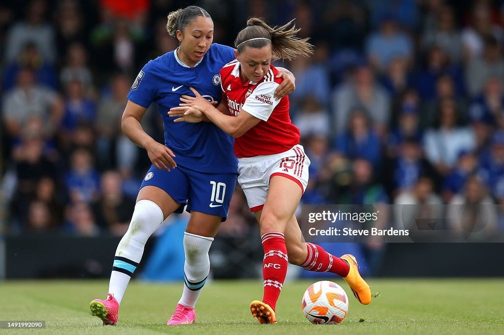 Blue Chelsea FC kit Lauren James and Red and White Arsenal Katie McCabe playing football. They’re making contact and fighting for the ball