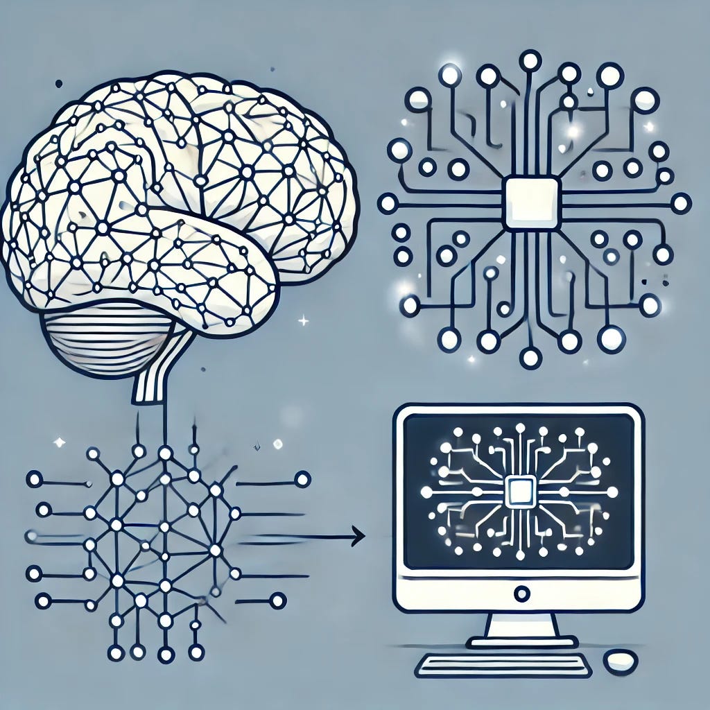 The illustration depicts deep learning and neural networks, showing the comparison between a human brain and a computer system with interconnected nodes and lines. This visual representation highlights how deep learning mimics the human brain’s structure and function.